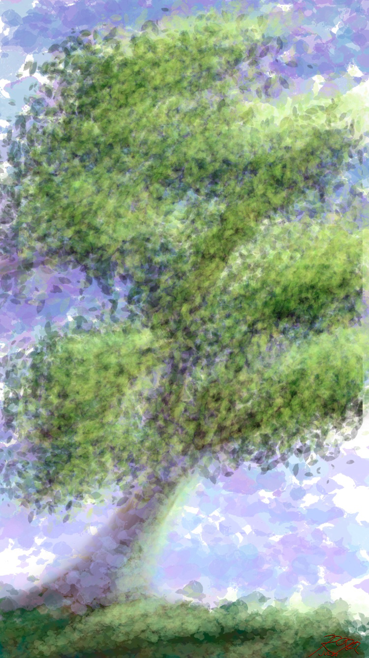 Digital watercolor of afternoon sunlight shining through the leaves of a poplar tree.