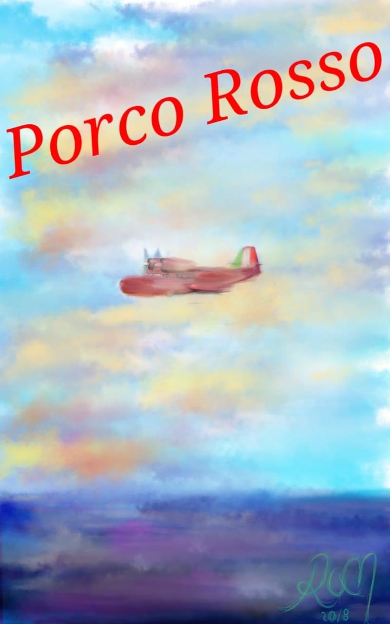 Digital watercolor mockup of a poster for the studio Ghibli film Porco Rosso, depicting a seaplane of the 1920's or 1930's gliding through a pastel clouded sky. By R.A.Myers.